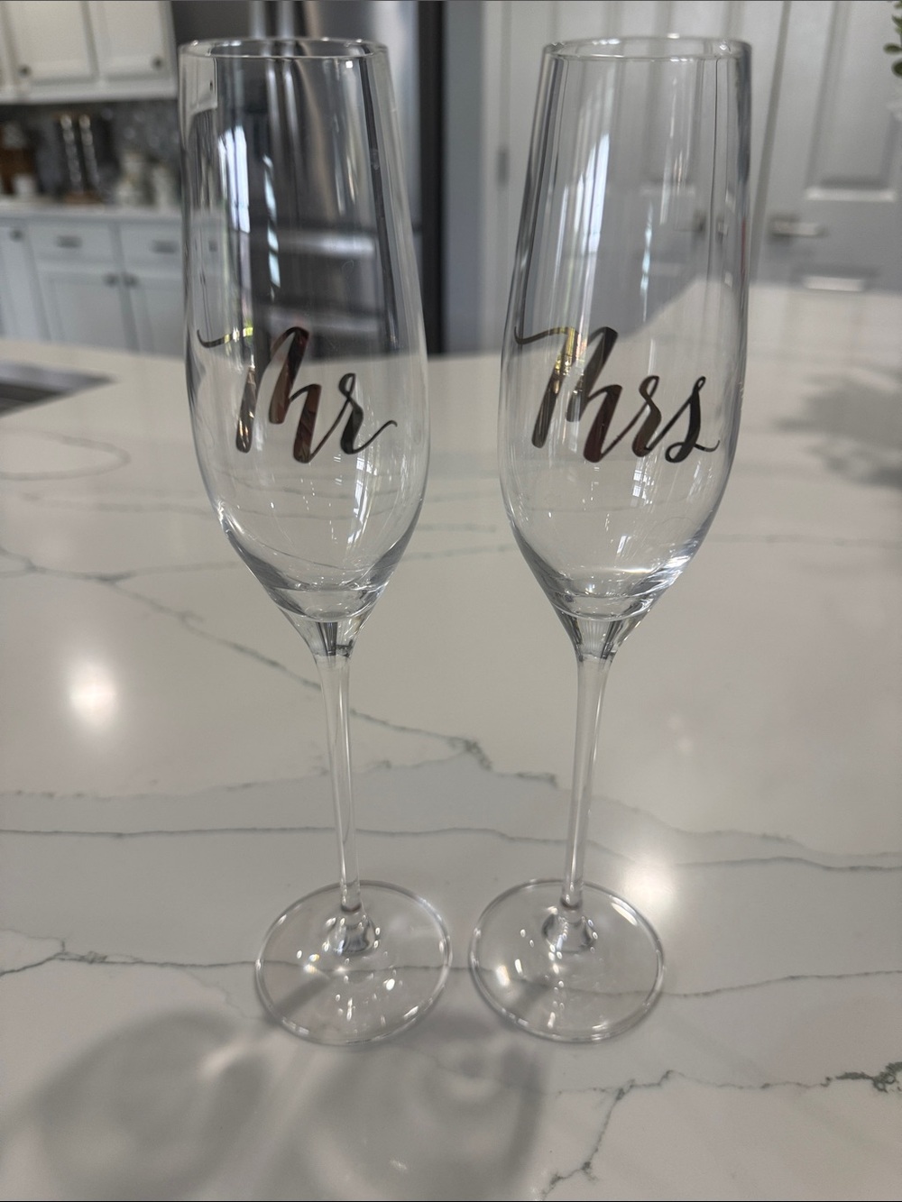 Crate and Barrel Mr & Mrs Champagne Flutes